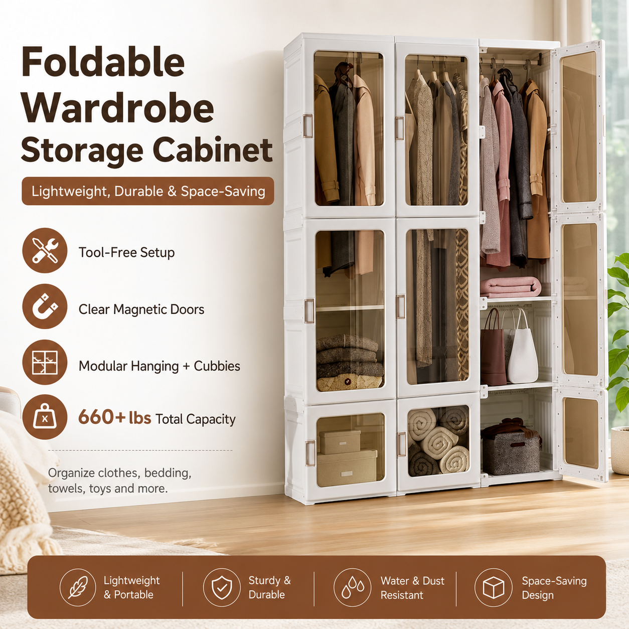 Foldable Modular Wardrobe with Clear Magnetic Doors