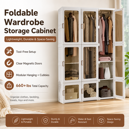 Foldable Modular Wardrobe with Clear Magnetic Doors