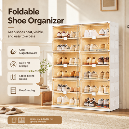Foldable Shoe Organizer with Clear Magnetic Doors – Space-Saving Shoe Storage Cabinet
