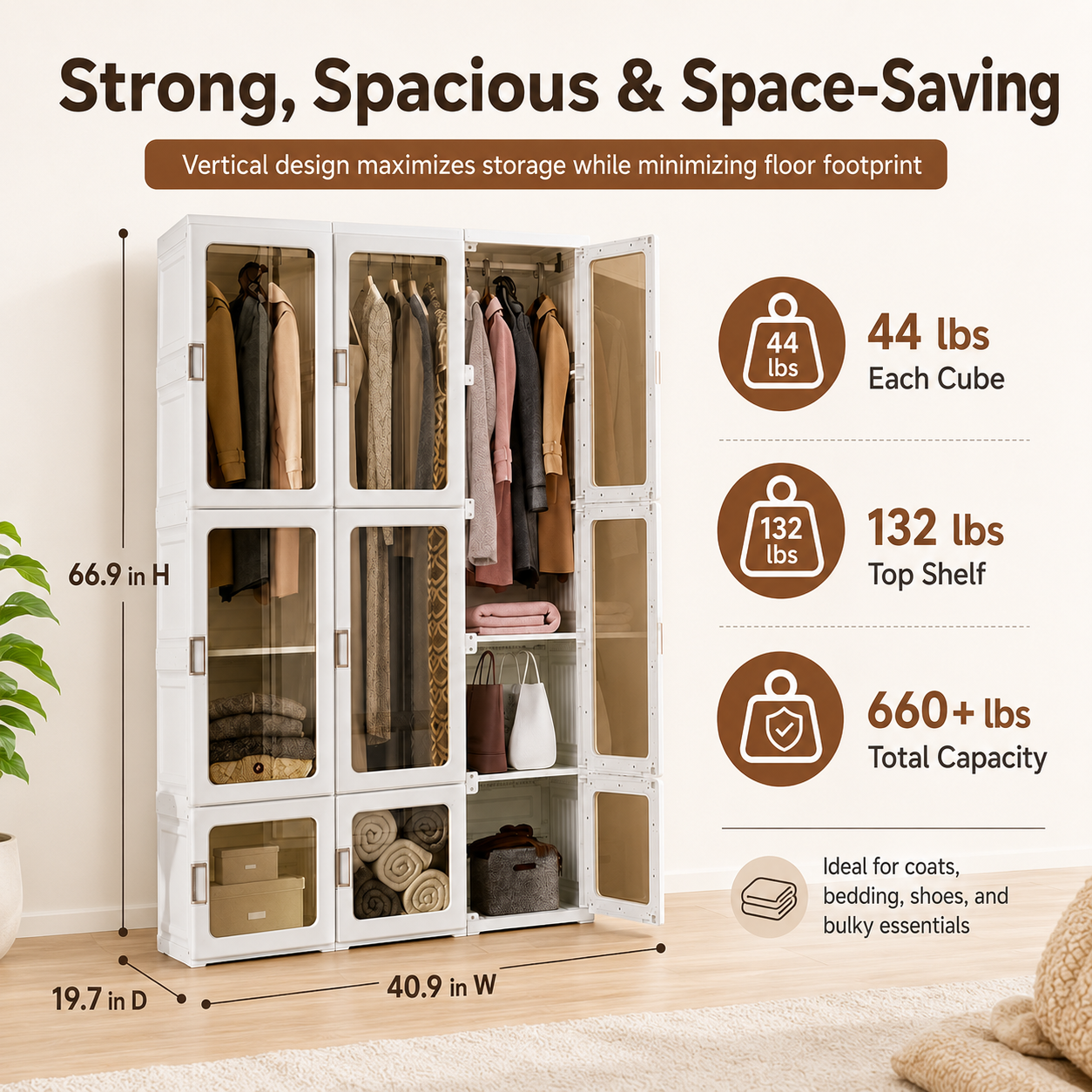 Foldable Modular Wardrobe with Clear Magnetic Doors