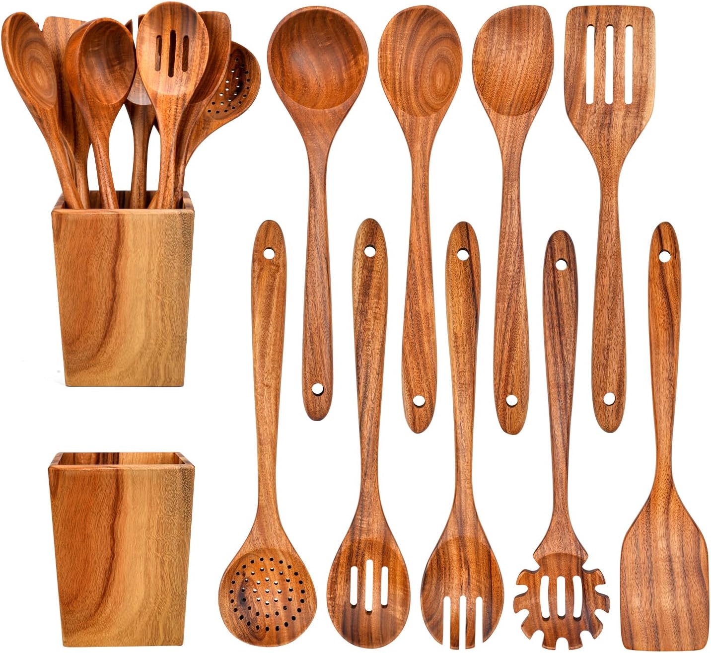 12-Piece Teak Wooden Utensils for Cooking - Natural Teak Utensil Set with Premium Gift Box