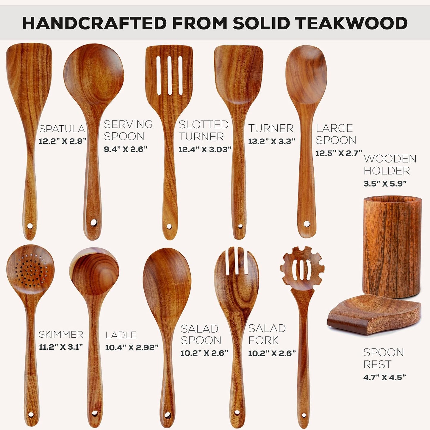 12-Piece Teak Wooden Utensils for Cooking - Natural Teak Utensil Set with Premium Gift Box
