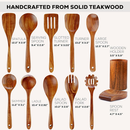 12-Piece Teak Wooden Utensils for Cooking - Natural Teak Utensil Set with Premium Gift Box