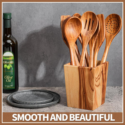12-Piece Teak Wooden Utensils for Cooking - Natural Teak Utensil Set with Premium Gift Box