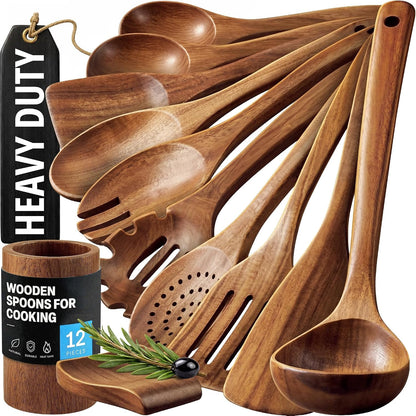 12-Piece Teak Wooden Utensils for Cooking - Natural Teak Utensil Set with Premium Gift Box