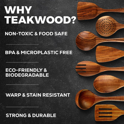 12-Piece Teak Wooden Utensils for Cooking - Natural Teak Utensil Set with Premium Gift Box